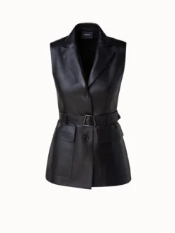 AKRIS Collared V-Neck Lamb Nappa Leather Belted Gilet