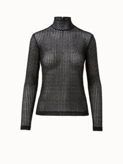 AKRIS Trapezoid Grid Embroidery Mock Neck Top