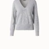 AKRIS Cashmere Lurex Ribbed V-Neck Knit Pullover