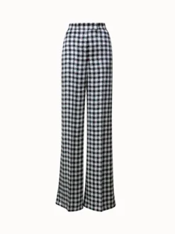 AKRIS Silk Satin Wide Leg Pants With Tweed Check Print