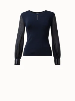 AKRIS Knit Silk Blouse With Sheer Tulle Sleeves